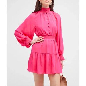 ALICE + OLIVIA Lavinia Tiered Smocked Mini Dress Wild Pink Crepe de Chine